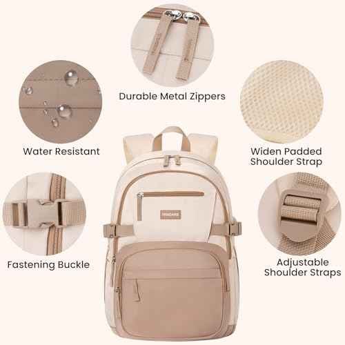 Backpack for School Girls, Cute High School Backpacks for Teens Women Student Large Bookbag 15.6 Inch Laptop Bag with USB Charger Port for College Work Travel Trip (Khaki Beige)