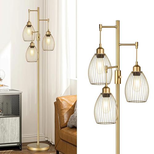 Torondo Dimmable Floor Lamp, Industrial Floor Lamps for Living Room, Gold Tree Lamp Standing Lamp Tall Lamps with 3 Elegant Teardrop Cage Head & 800 Lumens LED Bulbs for Living Room Bedroom Office
