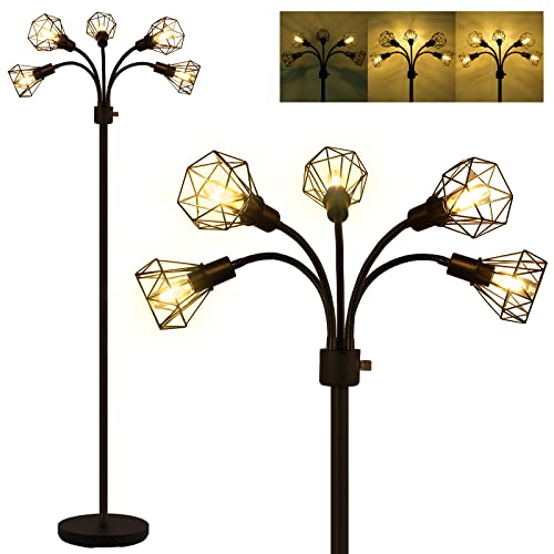 Floor Lamp, Industrial Floor Lamps for Living Room,Tree Standing Lamp Bright with 5 Charm Diamond Head 2000 Lumens Edison Bulbs LED,3 Way Switch,Modern Stand up Lamp for Bedroom Office Farmhouse