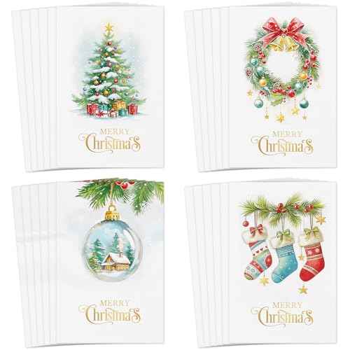 FLYAB Boxed Christmas Cards - 24 Assorted Merry Christmas Cards with Envelopes Gold Foil Holiday Gift Set for Family Friend Business