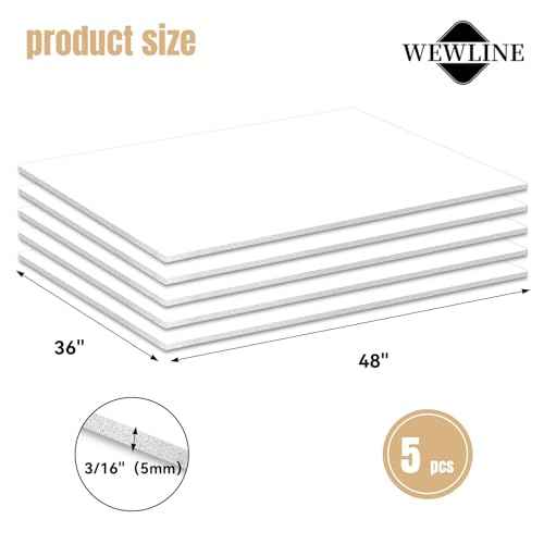 White Foam Board Sheets 36x48 Inches (3/16" Thickness), 5-Pack Foam Core Boards, Lightweight, Rigid, for Arts & Crafts, School Projects, Displays, and Presentations