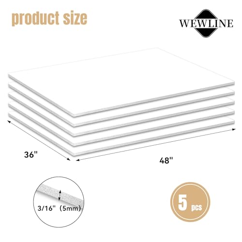 WEWLINE White Foam Board Sheets 36x48 Inches 3/16" - 5-Pack for Arts & Crafts