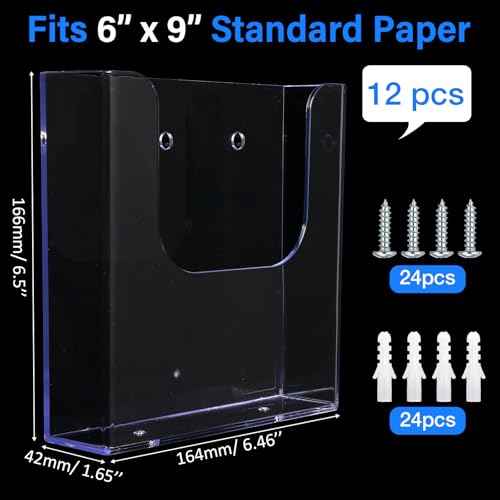 Ripeng 12 Pack Brochure Holder Wall Mount 6x9 Inch Clear Acrylic Flyer Holder Magazine Pamphlet File Display Stand Plastic Wall Organizer for Literature Mail Paper document Rack Display