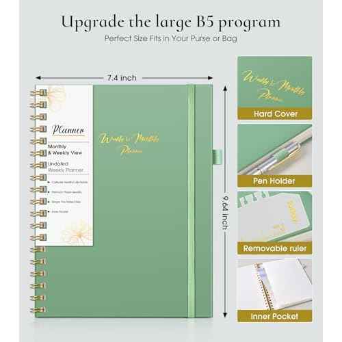 Undated Weekly and Monthly Planner, B5 Large Weekly To Do List Notebook with Goal & Habit Tracker Organizer, Hardcover Spiral Bound Blank Monthly Planner for Work School Home 7.4" x 9.64" Green