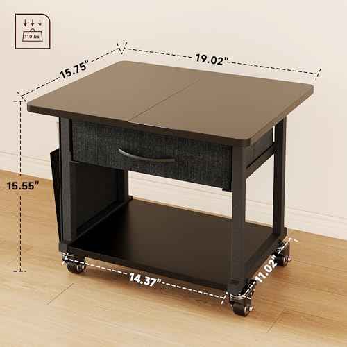 2 Tier Industrial-Grade Printer Stand with Storage, Printer Table with Storage & Drawer, Heavy Duty Shelf for Small Space, Office Organization for Home Office (Obsidian Black)