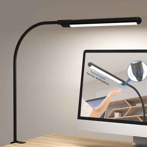 MYPLUS LED Desk Lamp with Hand Wave Sensor, 5 Color Temperatures 2700K-6500K, Touchless Dimming, 360¡Æ Adjustable Gooseneck, Clamp Table Lamp, 110V