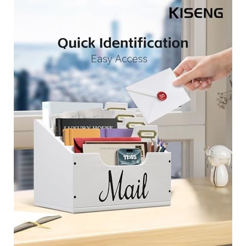 Mail Organizer Countertop, Desktop Mail Basket with 4 Slots, Wooden Mail Paper Holder, File Holders for Document Envelopes and Bills, Large Mail Holder and Classroom Mailbox for Office Home