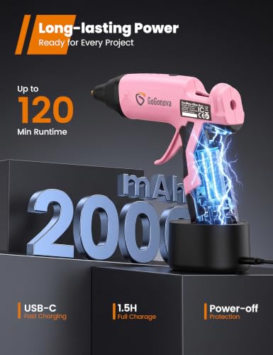 GoGonova Cordless Hot Glue Gun Kit with 2Ah Battery - Pink, Includes 25 Glue Sticks