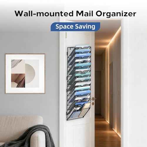 14 Tier Wall Hanging File Organizer, Paper Folder Holder Wall Mounted, Metal Mail Sorter for Office Home School, Black