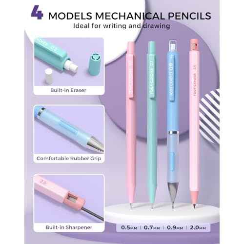 Four Candies 36PCS Aesthetic School Supplies, Mechanical Pencils 0.5mm, 0.7mm, 0.9mm & 2.0mm with 624PCS Lead Refills, Cute Mechanical Pencils for Writing, Drawing & Drafting (Pink)