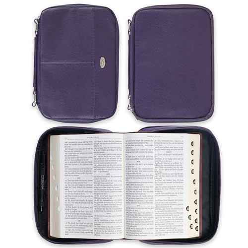 Christian Art Gifts Inspirational Vegan Leather Two-fold Organizer Bible Cover for Women, Jesus Fish Badge, Sturdy Carry Handle, Pen Loops, Pockets, Pen/Highlighter Combo & Notepad, Purple, Large