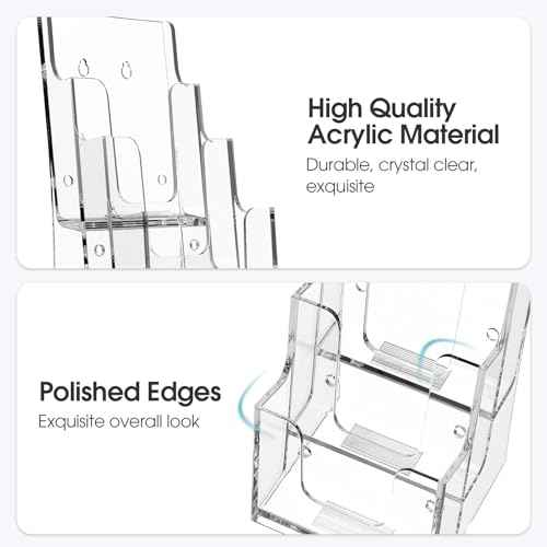 MaxGear Acrylic Brochure Holder, 4 Inch Wide 3 Tier Literature Display Stand, Clear Premium Acrylic Pamphlet Holder, Multi Pocket Wall Mount or Countertop Organizer, Office or Home Use, 4 Pack