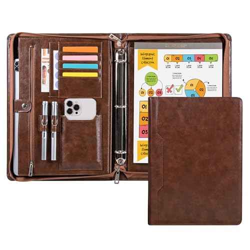 Professional 3-Ring Portfolio Organizer A4 Padfolio with Zipper, Premium PU Leather Business Planner Folder for Resume, Interview, Office, and Travel ? Dark Brown