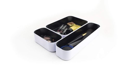Three By Three Seattle 3 Piece Shallow Metal Organizer Tray Set for Storing Makeup, Stationery, Utensils, and More in Office Desk, Kitchen and Bathroom Drawers (2 Inch, Black and White)