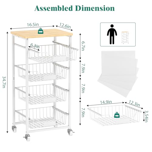 Fruit Vegetable Basket for Kitchen Pantry Storage Organizer, 5-Tier Metal Utility Kitchen Rolling Cart on Wheels with Drawer Rack and Wood Top for Potatoes Onions