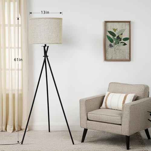 Tripod Floor Lamp Black, 61¡± Tall Floor Lamps, Standing Lamp with Rotary Switch, Modern Floor Lamp Simple Design with Beige Shade, Floor Lamps for Living Room, Bedroom, Office, Without Bulb