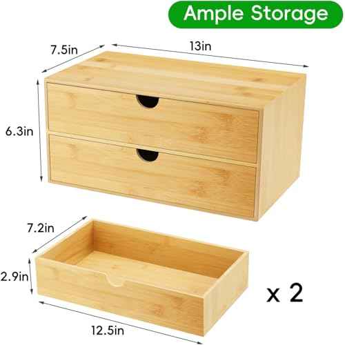 Neando Bamboo Desk Organizer with 2 Drawers, Wooden Countertop Drawers Organizer, Tabletop Storage Organization Box for Office & Home, No Assembly Needed