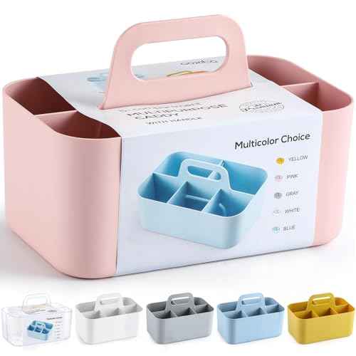 Multiuse Caddy Organizer with Handle - Stackable Plastic Tote Bin - Art Craft Supplies, Office, Desk, Stationery Pen Holder, Kitchen, Utensil, Makeup, Bathroom, Shower, Cleaning, Dorm Organizer - Pink