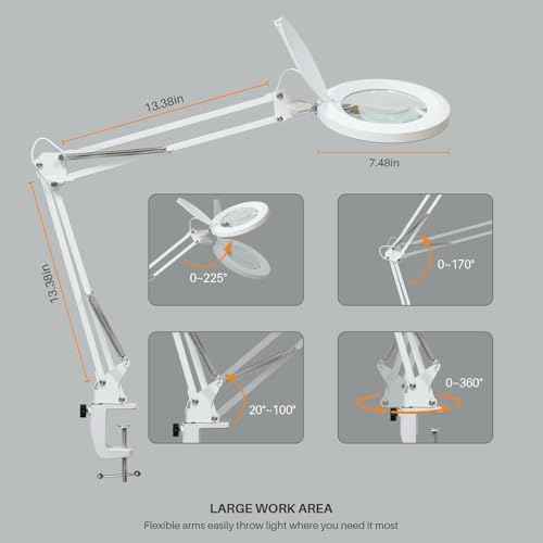 12W LED Magnifying Lamp with Clamp - 10 Brightness Levels, 6500K, 1200 Lumens | 5 Inch Lens (1.75x Magnification/3 Diopters) for Reading, Sewing, Nail Art & Crafting (White)
