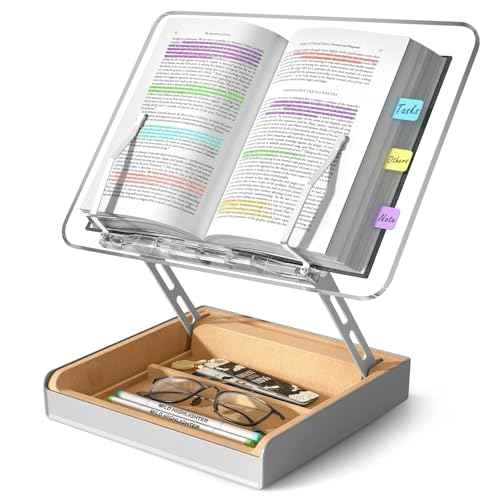 Book Stand with Storage, Book Holder for Reading Hands Free, Clear Acrylic Cookbook Stand for Kitchen Counter, Adjustable Reading Stand for Desk, Recipe Stand, Book Prop for Book Lovers