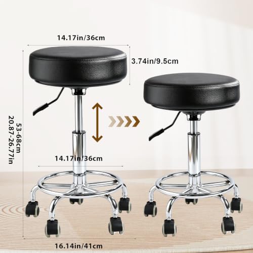 LIMKOMES Black Heavy-Duty Adjustable Rolling Stool with Wheels & Foot Ring