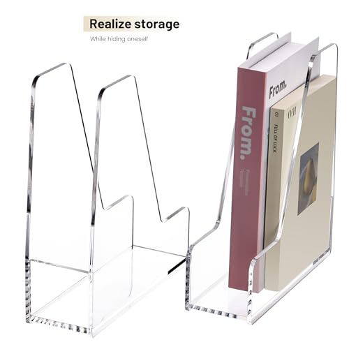 YUXUN Clear Acrylic Magazine File Holders - Vertical Desk File Organizer & Document Holder for Shelves, Office Organizers for Home Office School, Set of 2