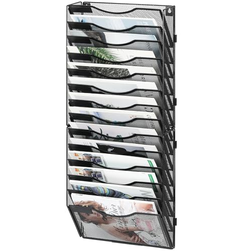 14-Pocket Wall File Organizer, Hanging Mail Organizer Wall Mounted Paper Document Holder, Metal Clipboard Storage Basket for Office Home School Organization, Black