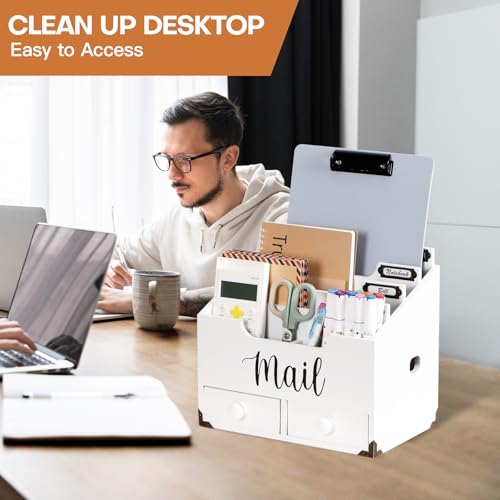 RELBRO Mail Organizer Desktop, Wood Desk Organizer with 2 Drawers, 4 Compartments for Home Office Accessories, White