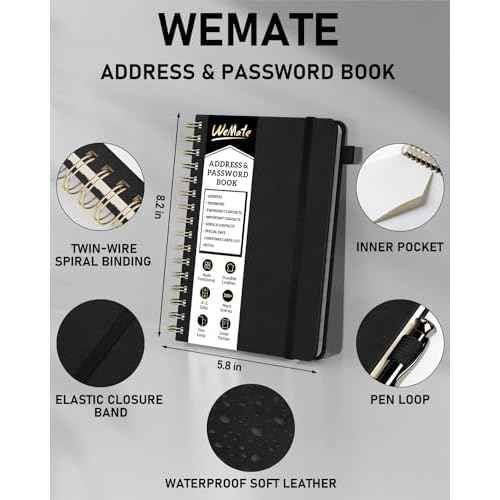WEMATE Spiral Address Book with Alphabetical Tabs, Leather Password Book, Address Organizer Telephone Notebook Journal Keep Contact Safe Hardcover Large Print for Seniors Home Office 5.8¡ȡ¿8.2¡È, Black