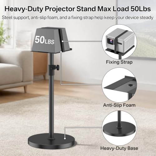 Yibracki Heavy Duty Floor Projector Stand with 8.9 x 9.4 Inch Tray, Height Adjustable 33.5-43.5 Inches, Supports Up to 50Lbs for Home, Office & Outdoor Movies