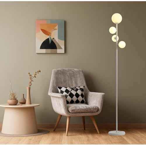 Fiqevs 4 Globe Floor Lamp for Living Room, Modern Standing Lamp with Frosted Sphere Glass Shade, 3000K Warm Light LED Bulbs Included, Tall Tree Lamp for Bedroom, Home & Office - White