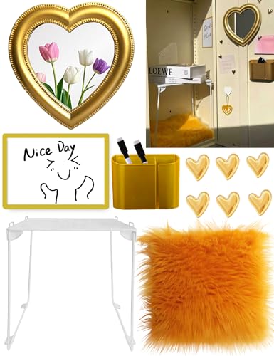 Golden 13 PCS Locker Organizer Set for Girls with Mirror, Whiteboard & Rug – Back to School Decor