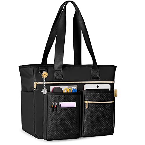 Fasrom Black Teacher Tote Bag for Women with 6 Exterior Pockets, 15.75in Laptop Sleeve