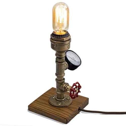 Steampunk Lamp with Dimmer, Dimmable Loft Style Industrial Vintage Antique Style Light with Bulb, Wood Base with Iron Piping Desk Lamp, Retro Desk Lamp LL-025