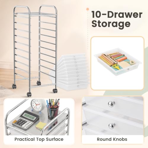 LDAILY Rolling Cart with Drawers, 10-Drawer Classroom Storage - Clear