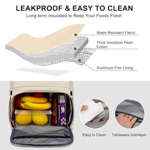Lunch Backpack for Women, Water Resistant Insulated Cooler Lunch Bag, 15.6 inch Laptop Backpacks with USB Port, Picnic Backpack with Lunch Box, for College Work Camping Beaches, Beige