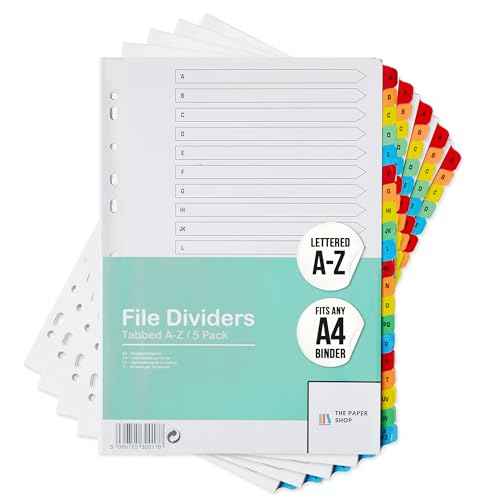 [5 Pack] A-Z Binder Dividers with Tabs A4 | Alphabet Dividers for 3 Ring Binder | Perfect for Organizing Pages in 3 Ring Binder Dividers with tabs, Each Set Includes Tab Dividers | The Paper Shop