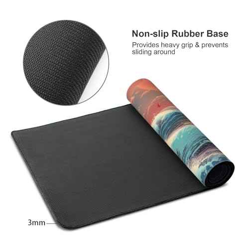 Japanese Desk Mat - 48 x 24 Inches - Sea Wave Extended Big Mouse Pad Large,XXXL Gaming Mouse Pad Desk Pad with 3mm Non-Slip Base and Stitched Edge for Home Office Work,Fantasy Artwork Style
