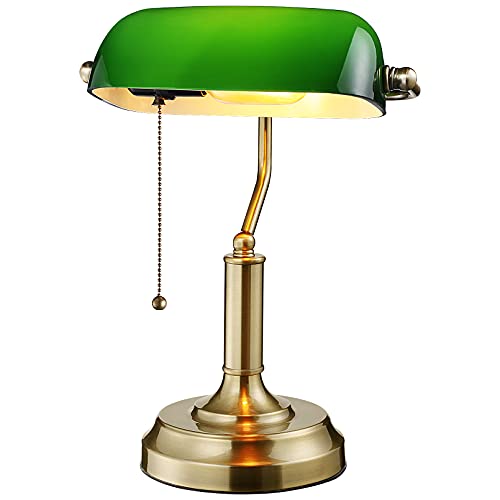 Green Glass Banker’s Desk Lamp with Pull Chain, E26 Base - Retro Office Light