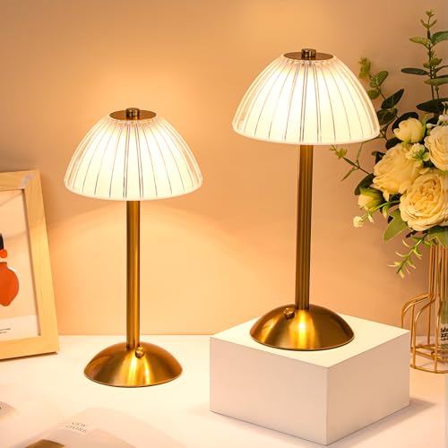 Liliful 4 Pcs LED Portable Cordless Table Lamp Touch Battery Operated Rechargeable Gold Desk Lamp 3 Color Dimmable for Bedroom Living Room Dining (Gold,Mushroom Style)
