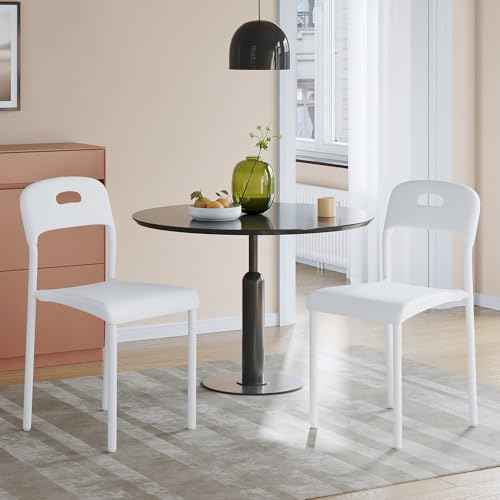 IDEALHOUSE Stackable Dining Chairs Set of 2, Kitchen Chair with Metal Legs and Ergonomic Plastic Seat, Waterproof & Stain-Resistant, Suitable for Outside, Office, Living Room, Easy Assembly, White
