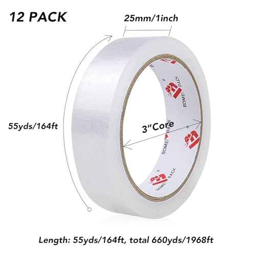 BOMEI PACK Clear Tape, 1 Inch x 164 Ft, Transparent Tape Refills, 3" Core Big Roll Stationery Tape, Strong Gift Wrap Tape for Home, Office, 12 Rolls Fit 3 Inch Desktop Dispenser