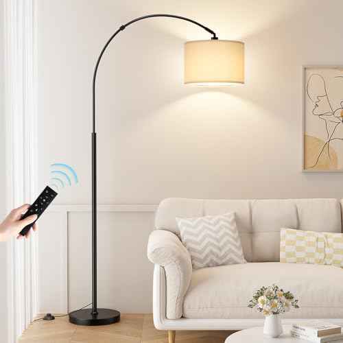 Ambimall 70' Dimmable Arc Floor Lamp with Remote, Color Temperatures and Brightness Adjustable, Arched Floor Lamp with Rotating Head, Over Couch Arched Light for Living Room (Deep Beige and Black)