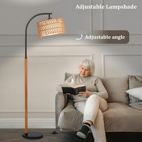 65¡± Brown Black Boho Floor Lamp for Living Room, 1200 Lumens 3-Level Brightness Rattan Arc Floor Lamp for Bedroom, Wood Mid Century Modern Arc Standing Lamp, Boho Tall Lamp, LED Bulb Included