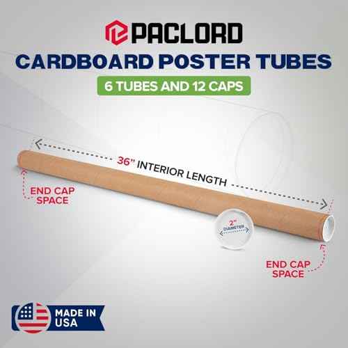 2" x 36" Reinforced Kraft Paper Mailing Tubes, Pack of 6 Tubes with 2 Caps Each ? USPS Approved Poster Tube ? Made in USA Cardboard Tube for Shipping and Storing Posters, Prints, Artwork, or Documents
