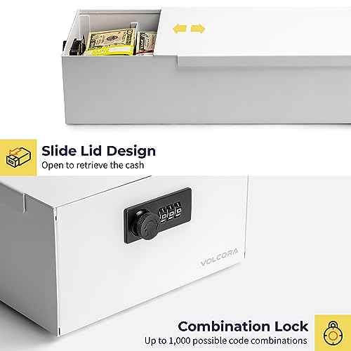 Volcora Cash Box Money Organizer - 15¡± x 7.5¡± x 4¡± Cashbox 5 Compartments Drawer Tray - Bills and Coin Slot with Combination Lock for POS Register, Kiosk, Retail, Personal and Business Use, White