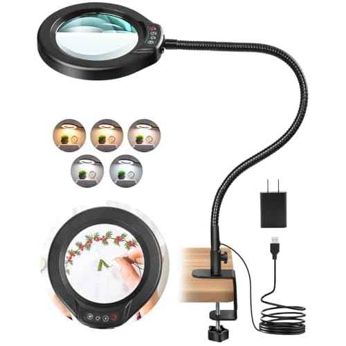 10X Magnifying Glass with Light and Clamp, 5 Inch Real Glass Magnifying Desk Lamp with Stand, Long Gooseneck, 5 Color Modes Lighted Magnifier Hands Free for Crafts Painting Jewelry Close Work