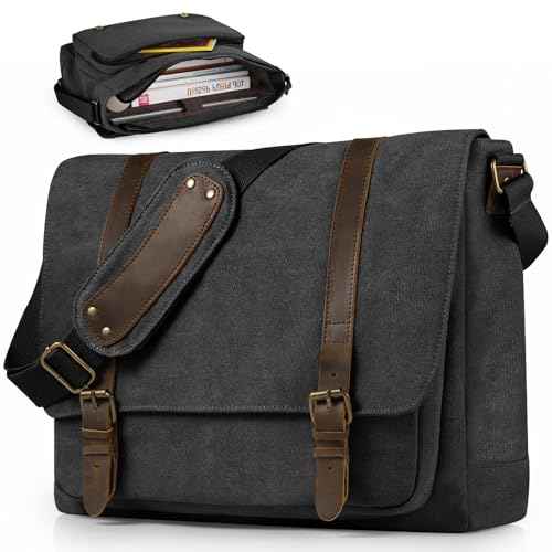 SMRITI Vintage Canvas Messenger Bag for Men 15.6-16 inch Laptop bag,Computer Satchel Shoulder Bag for School Work Travel (Black)