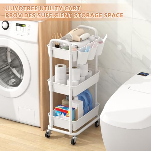 3-Tier White Plastic Rolling Storage Cart with Lockable Wheels & Hanging Cups – 3-Tier Utility Cart