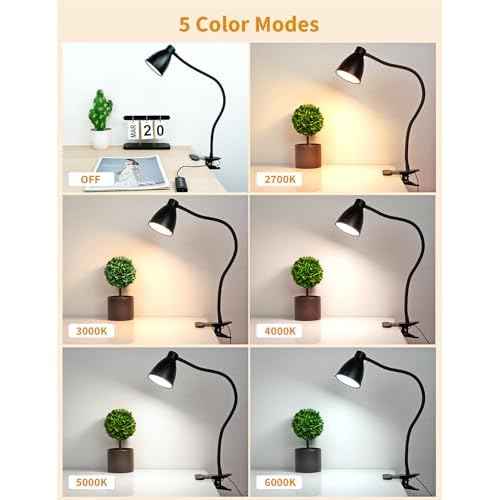 BOHON Desk Lamp 5 Color Modes 10 Brightness Dimmer Reading Light 10W 38 LED Clamp Lamp with Auto Off Timer 360¡Æ Flexible Gooseneck Clip on Light for Bed Bedside, AC Adapter Include